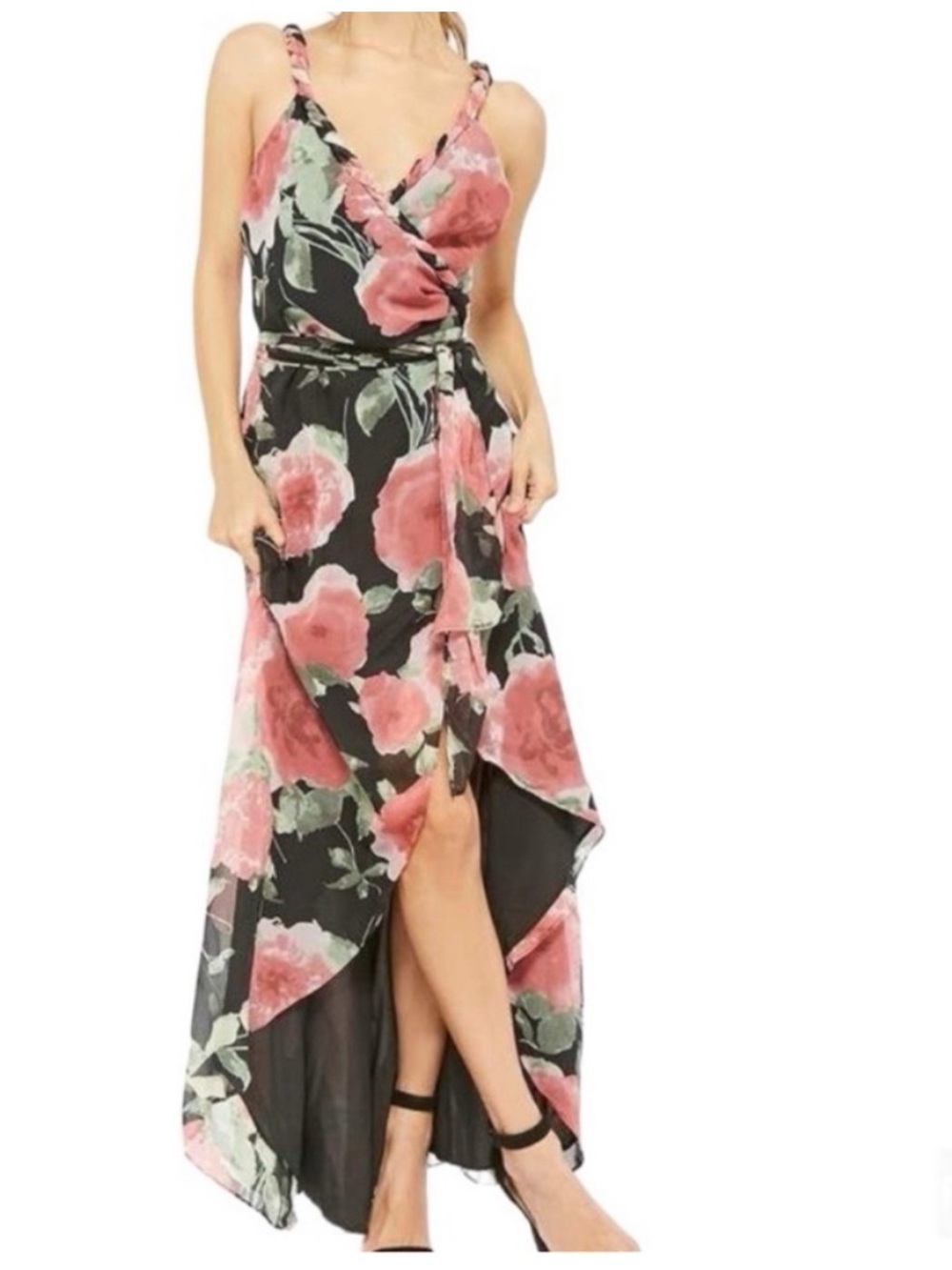 Luxxel Floral Twist Strap High Low Slit Front Maxi Wrap Dress Pink Black Small